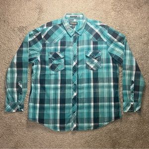 Helix Button Up Shirt Mens Size XXL Green Plaid Pearl Snap Athletic Fit Western